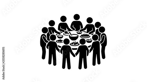 Group of people sitting around a large round table signifies the importance of social unity, communal dining experiences, and the collaborative nature of shared human gatherings.
