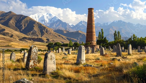 A vast, sunlit graveyard, with weathered gravestones and a tall brick structure, backdropped by majestic snow-capped mountains