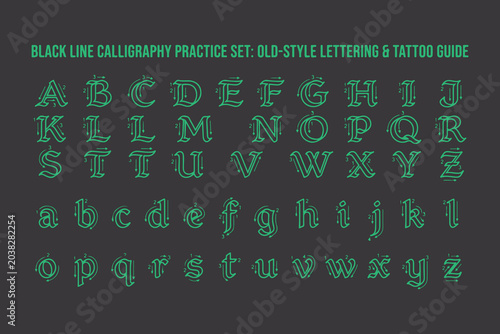 Fotografía Black line calligraphy practice set old style lettering and tattoo guide alphabet uppercase and lowercase letters