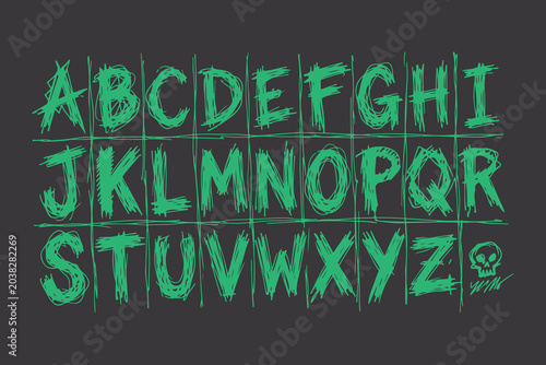 Canvastavla Green graffiti style alphabet letters A to Z with skull and crossbones on dark background unique design