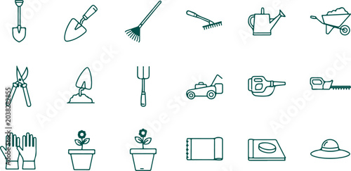 Tableau sur toile Gardening tools and equipment for planting and maintenance including mower secateurs and watering can