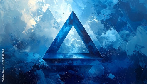 A vibrant abstract composition dominated by cool blues. A central geometric form sits above textured brushstrokes