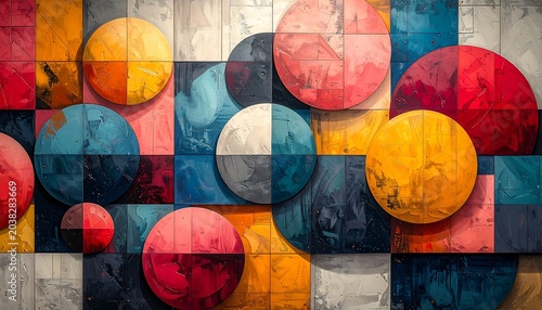 A vibrant abstract composition features overlapping colorful circles atop a grid of varied-hue squares, creating depth