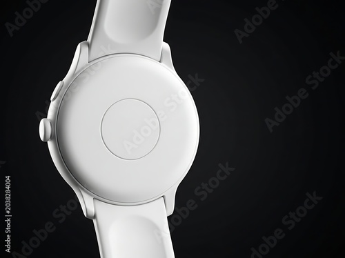 Minimalist white circular smartwatch mockup with silicone strap on dark background, wearable technology, fitness tracker