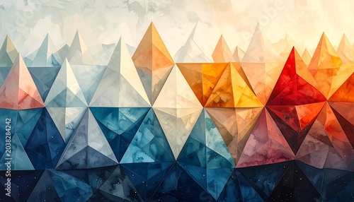 A vibrant abstract composition featuring geometric shapes in a gradient of warm and cool tones, resembling mountains