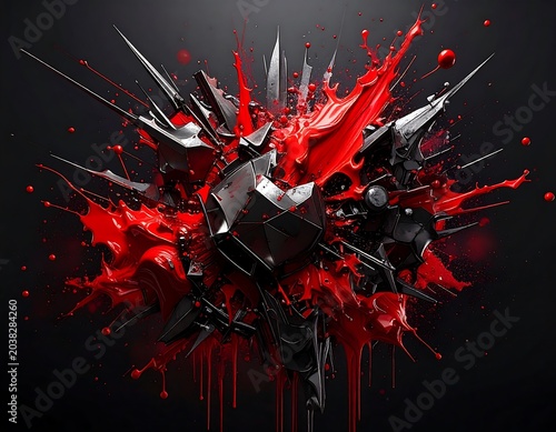 A vibrant abstract composition featuring a core of angular metal erupting with crimson paint, set against a dark backdrop