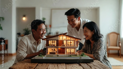 Family gathering around modern architectural model at home joyful atmosphere intimate setting