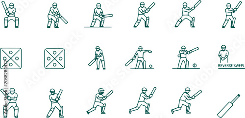 Foto Cricket sport player icons set showing batting bowling and fielding actions