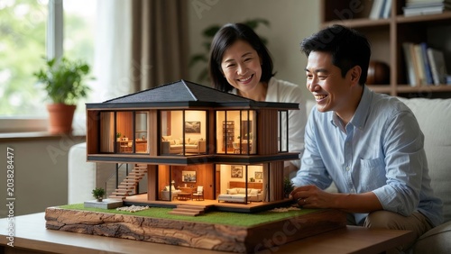 Happy asian family smiling together in modern home indoor setting warm atmosphere