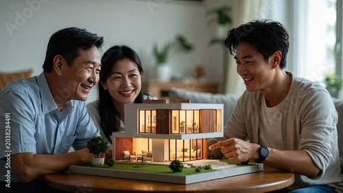 Family celebrating togetherness over modern architectural model in cozy home setting