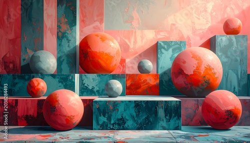 A vibrant abstract composition featuring spheres and block structures with a mix of blue, coral, and orange hues