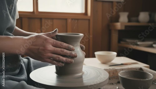 Crafting clay magic on a traditional Japanese pottery wheel in a serene workshop