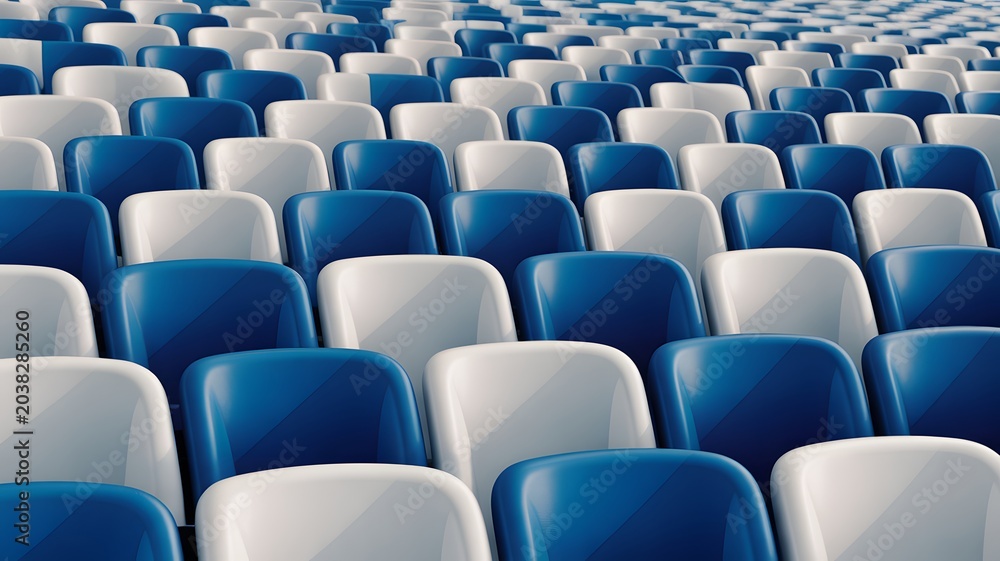 Fototapeta premium Rows of empty blue and white plastic stadium seats in a sports arena