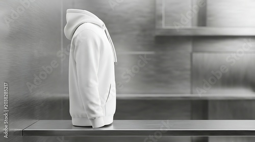 side view white pullover hoodie mockup for apparel design branding and clothing store showcase on metal shelf display