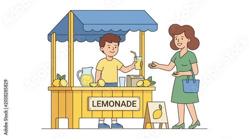 Boy entrepreneur selling fresh lemonade to customer at summer stall