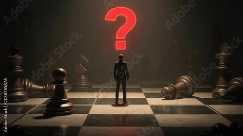 Man standing on giant chessboard surrounded by oversized chess pieces with question mark concept