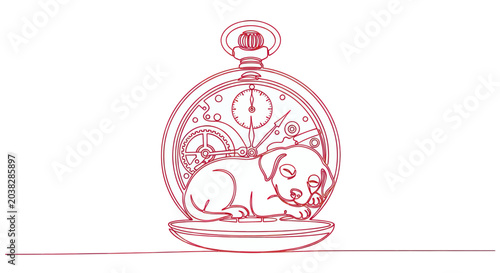 Fotografija Adorable puppy sleeping inside an antique pocket watch, concept of time and inno