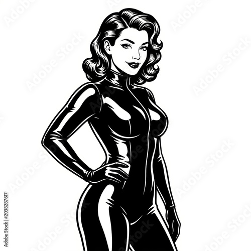 Curvy woman in a tight latex catsuit with a confident smile and vintage pin-up aesthetic, depicted as a fictional character in black-and-white sketch engraving style vector illustration