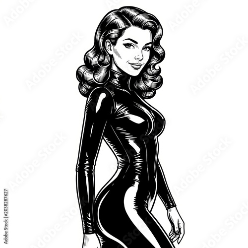 Curvy woman in a tight latex catsuit with a confident smile and vintage pin-up aesthetic, depicted as a fictional character in black-and-white sketch engraving style vector illustration