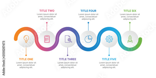Timeline infographic presentation template with 6 steps or options. Six phase business data visualization timeline process infographic design with icons.