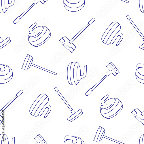 Outline Vector Seamless Pattern of Curling Sport Broom Background for Fashion Wrapping Print Fabric