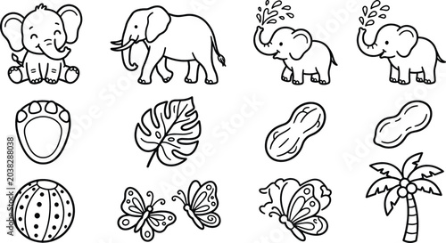 Tablou pe pânză Cute Baby Elephant Icon Set with Palm Tree Butterflies Peanuts Monstera Leaf Lin