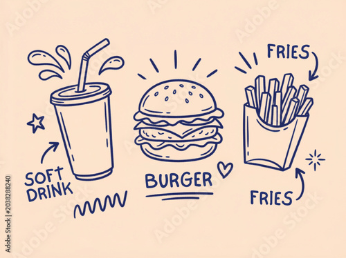Obraz na płótnie Hand drawn fast food vector set, vintage doodle burger fries and soft drink icon