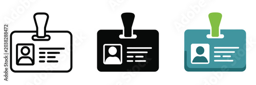 Foto Identification badge icons featuring staff ID cards, visitor passes, and lanyard name tags for workplace security and access control systems