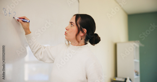 Canvas Print Writing, teacher or woman with whiteboard in class, addition lesson or math syllabus for learning