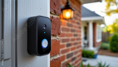 Smart video doorbell mounted on a house exterior next to a lit porch light at dusk.