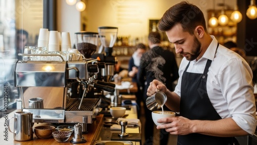 Professional male barista wearing a black apron pours steamed milk into a white ceramic cup to create latte art at a busy modern cafe counter. Wallpaper Background image