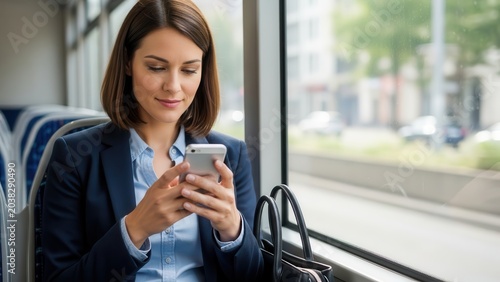 Professional young woman in a navy blazer and blue shirt sits on a bus using her smartphone near a large window with soft daylight and city view. Wallpaper Background image