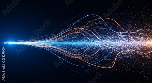 Abstract digital data stream with glowing blue and orange light trails on dark background, illustrating technology, connectivity, and big data concepts.