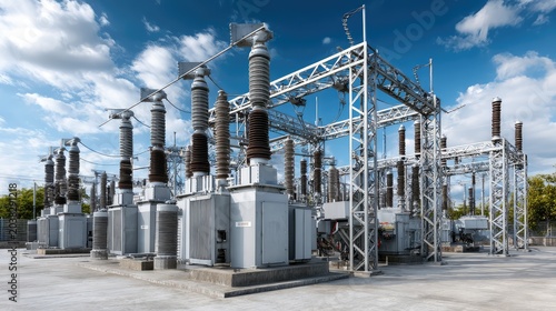 Industrial Power Substation with High Voltage Equipment, Electrical Infrastructure, and Clear Blue Sky for Energy and Technology Themes