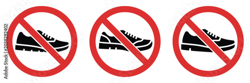 No shoes allowed warning icons showcasing prohibited footwear symbols for clean areas, hygiene regulations, and restricted access communication. Vector illustration.