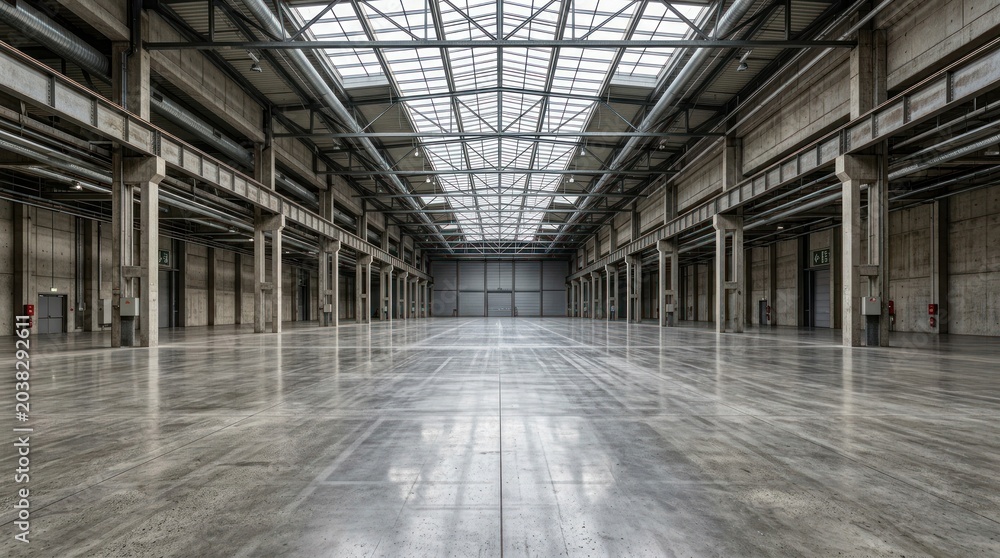 Obraz premium Spacious industrial warehouse with high ceiling, large skylights and empty concrete floor