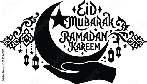 Eid Mubarak Ramadan Kareem Islamic crescent moon greeting design with decorative lanterns and ornamental Arabic style