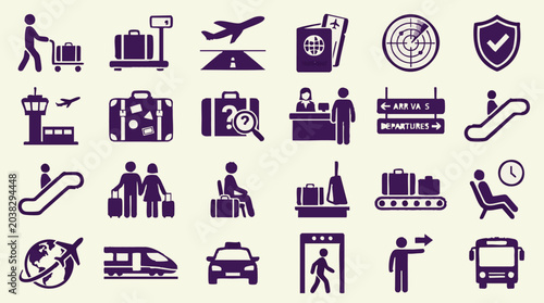 Bild auf Leinwand Airport and Travel Vector Icons Collection for Transportation and Journey
