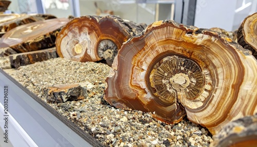 Intricate cross-sections of petrified wood slices reveal mineralized growth rings and organic textures.