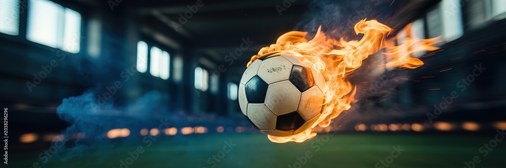 Naklejka premium Vibrant Retro Style World Cup Football Match Scene with Dynamic Player Silhouettes Bold Red and Gold Accents for Sports Themed Marketing and Decor