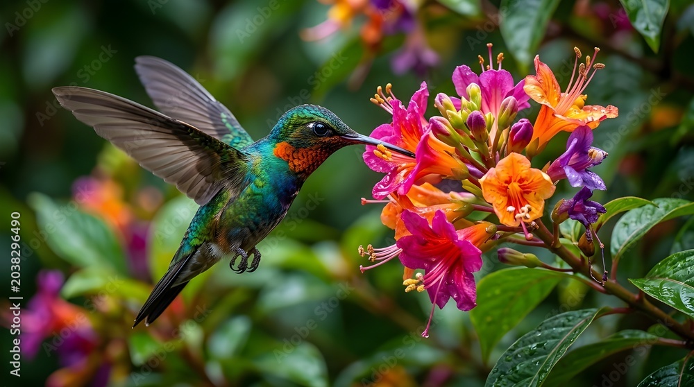 Fototapeta premium Colorful Hummingbird Hovering Near A Vibrant Flower, Capturing The Fast Grace, Tiny Beauty, And Energy Of This Delicate Bird