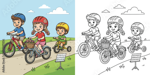 children riding bikes educational cartoon print illustration vector clipart and line art colouring book for kids drawn hand drawn.	
