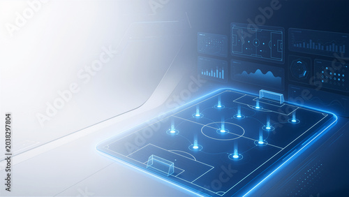 未来的なサッカーの戦術データ分析背景素材　ホログラムのデジタルピッチとグラフ　AIスポーツテクノロジー　コピースペース