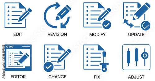 Foto Revision and modification icons showcasing change, fix, edit, and settings adjustment symbols for design tools and interface customization concepts