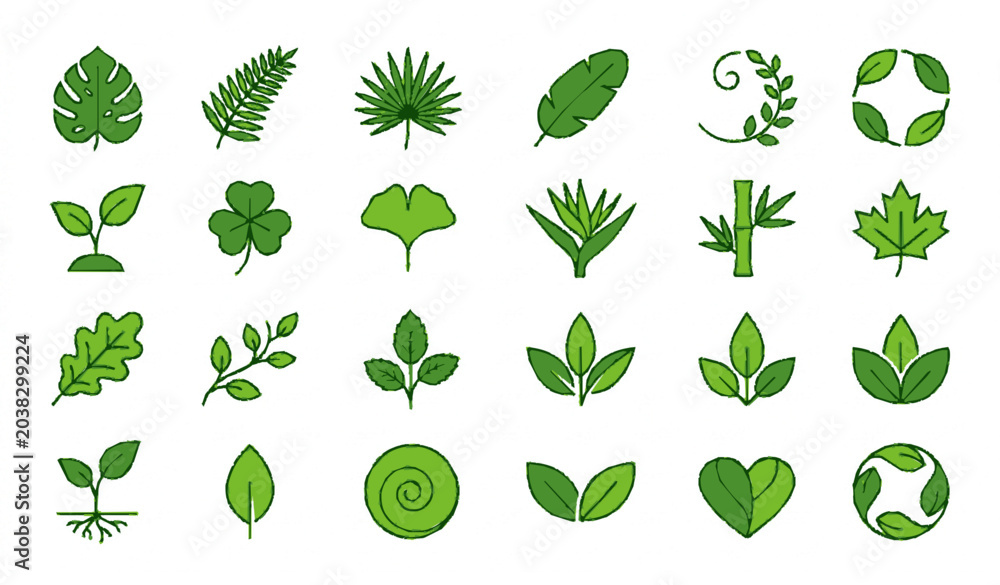 Fototapeta premium Green leaf icon vector set isolated on white background with eco nature symbols collection