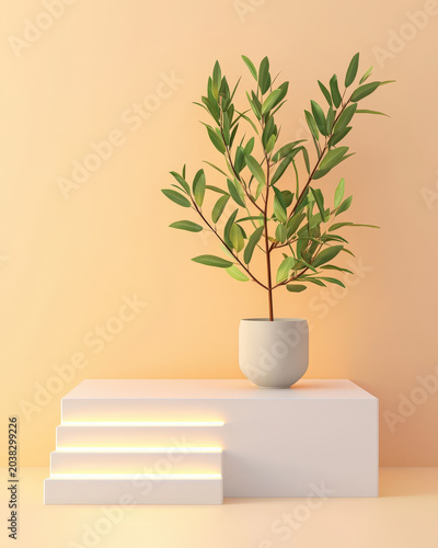 Potted plant on pedestal with copy space and warm natural look in minimal interior