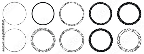 Foto Round rope curve symbols displaying circular rope elements with varied thickness for decorative borders, nautical themes, and design applications