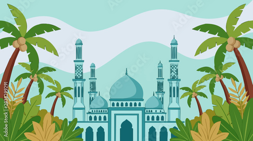 Cuadro en lienzo Islamic Mosque with Domes and Minarets Amidst Tropical Palm Trees Illustration