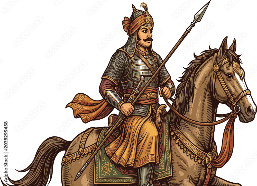 Fototapeta premium Ancient Indian warrior king riding horse holding spear, royal rajput soldier vector illustration background