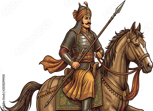 Konstfotografi Ancient Indian warrior king riding horse holding spear, royal rajput soldier vec